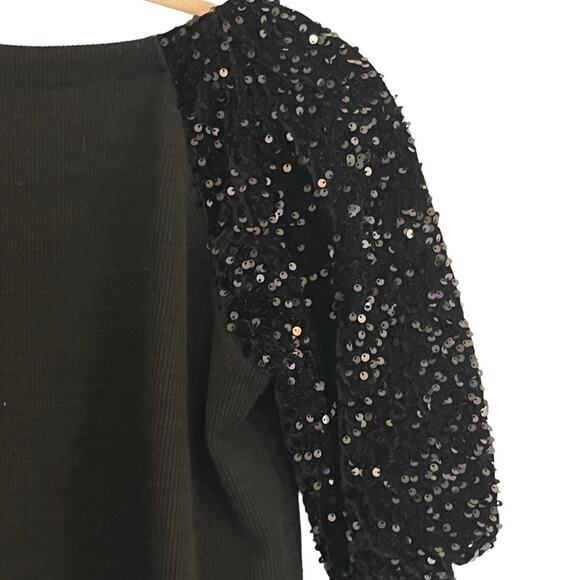 THML Black Knit Top SMALL Sequin Sleeve Sweater V Neck Chic Party Holiday Glam - Picture 5 of 8